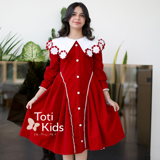 صورة فستان بناتي مخمل بـلونين | ياقة مرصعة بالفصوص وتفاصيل لؤلؤ - 1125